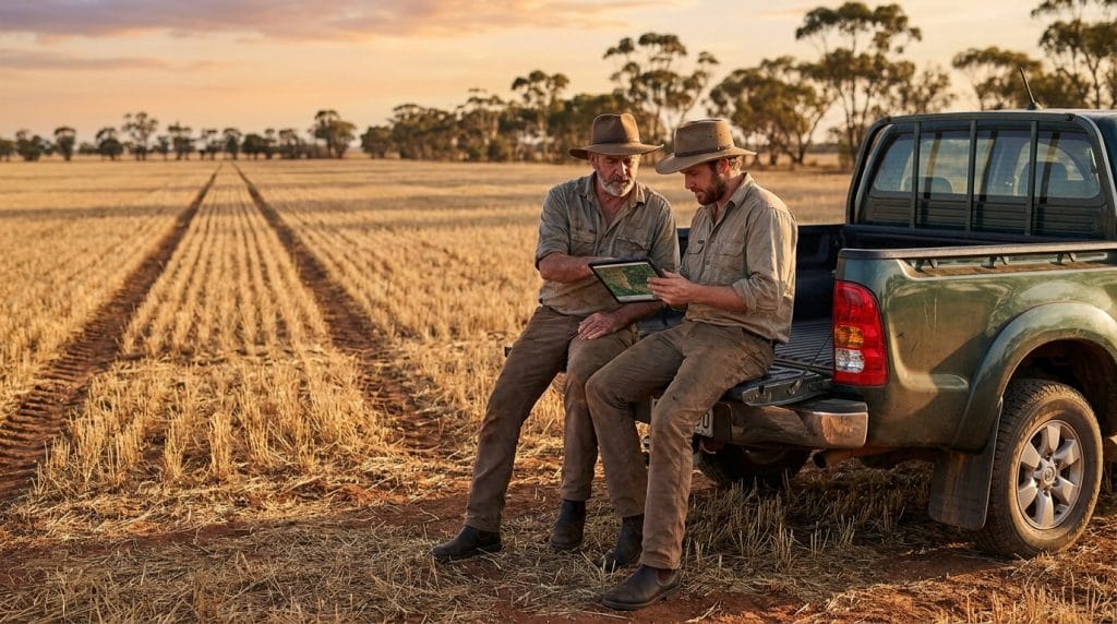 Australian assistant farm manager and senior farm manager reviewing paddock plans on a corporate broadacre property at sunrise.