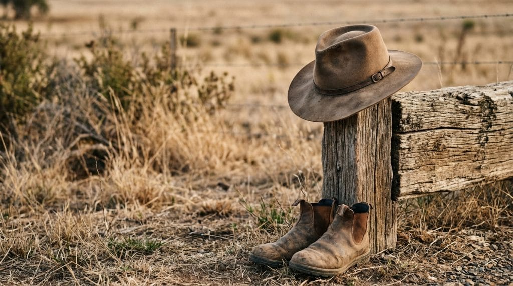 An empty Akubra hat resting on a fencepost with scuffed work boots at the base, on an Australian agricultural property.