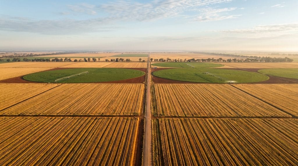management depth in agribusiness M&A, aerial view of a large-scale Australian broadacre farm with centre-pivot irrigation and geometric crop paddocks at golden hour