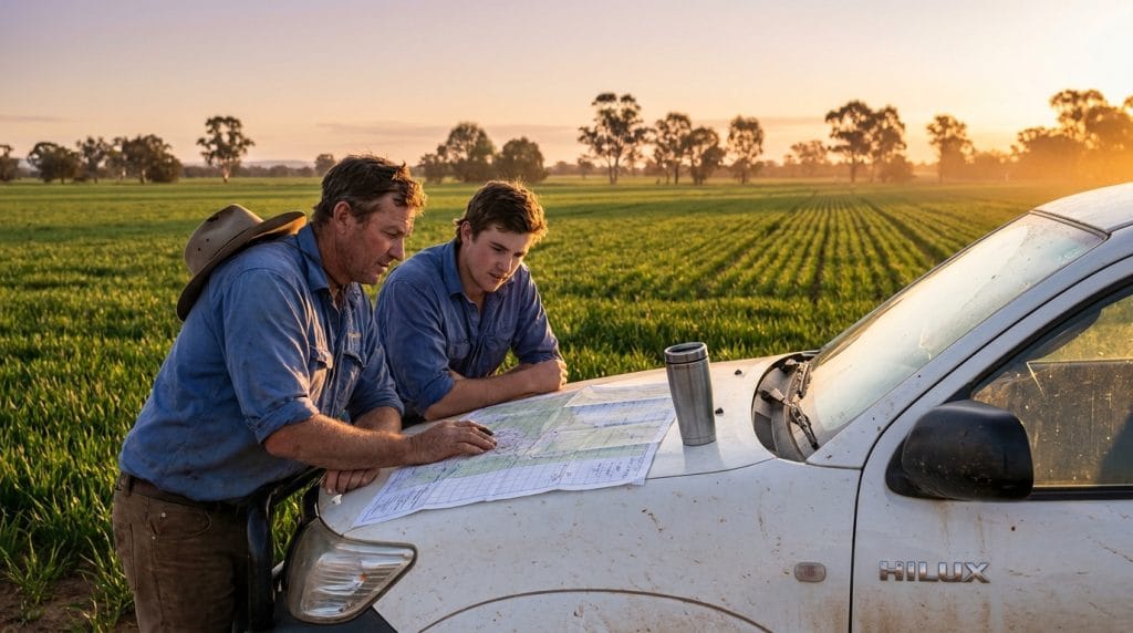 Australian farm manager and team reviewing the 2026-27 cropping plan on a corporate broadacre property at sunrise.