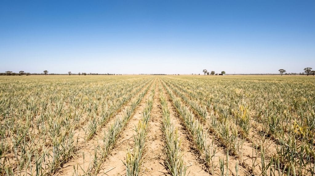 climate impact on farm profits, sparse below-average wheat crop on dry Australian broadacre farm