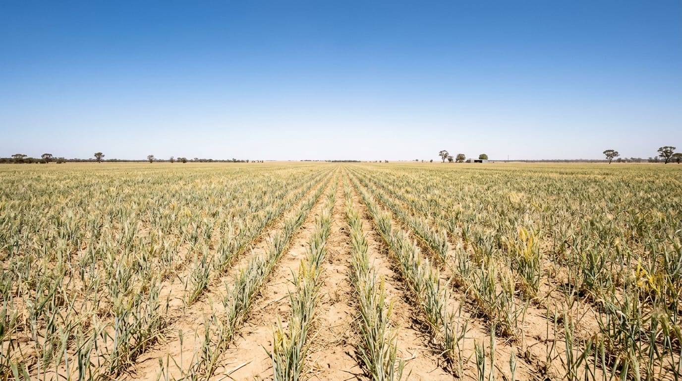 climate impact on farm profits, sparse below-average wheat crop on dry Australian broadacre farm