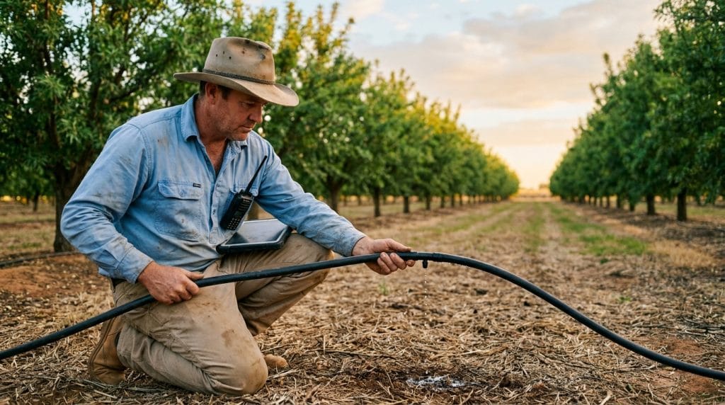 Australian irrigation manager inspecting a drip irrigation line in a corporate almond orchard at golden hour