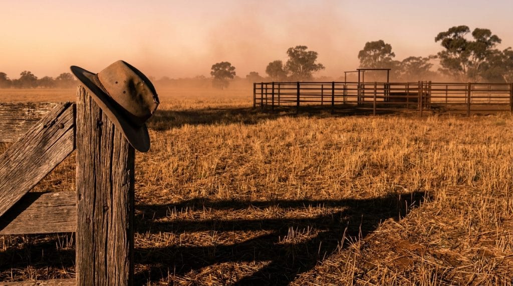 Empty Akubra hat on a wooden gate post in an Australian broadacre paddock at dawn, visualising a contracting agricultural workforce, stockyards in the distance.
