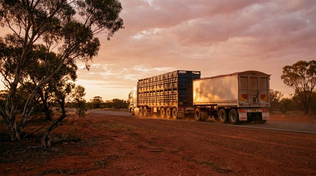 Australian B-double truck on a regional highway at dusk, hauling agricultural freight ahead of the fuel excise cliff, eucalypts in the foreground.