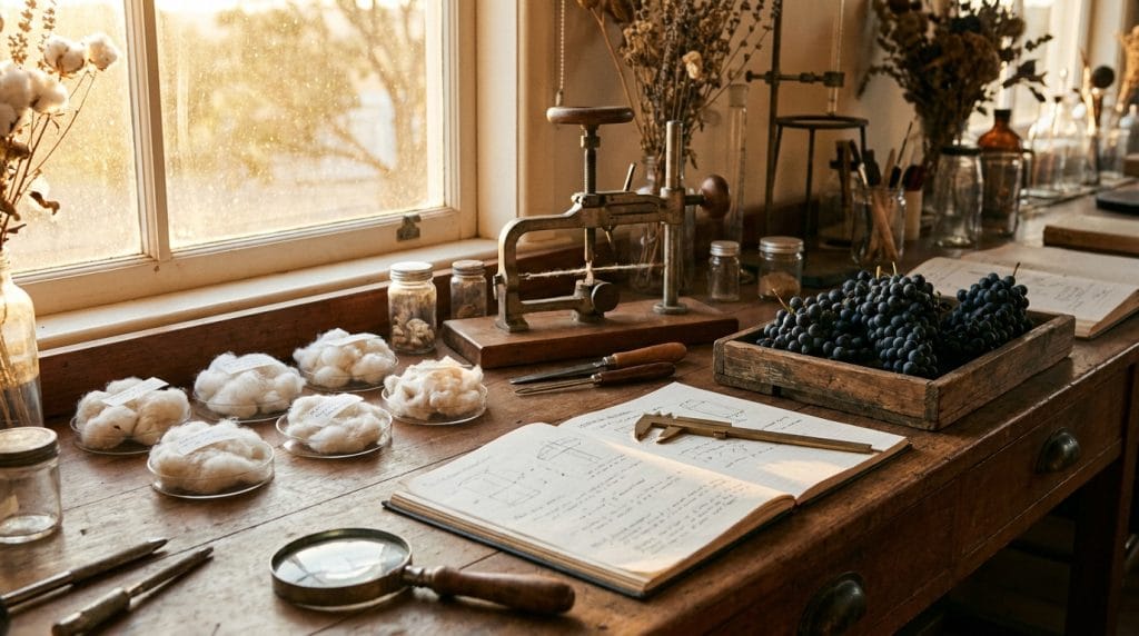 Research bench at golden hour with cotton fibre samples in petri dishes, Shiraz grape clusters and brass calipers, visualising the RDC funding base for cotton and wine R&D.