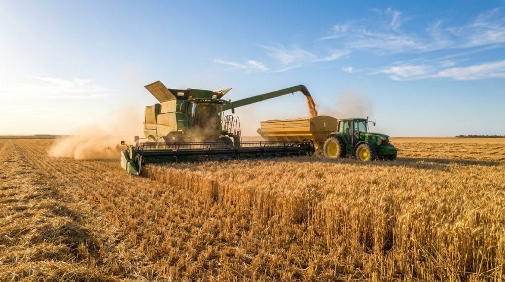 Australian broadacre cropping at harvest, header and chaser bin in a wheat paddock, corporate scale operation at golden hour.