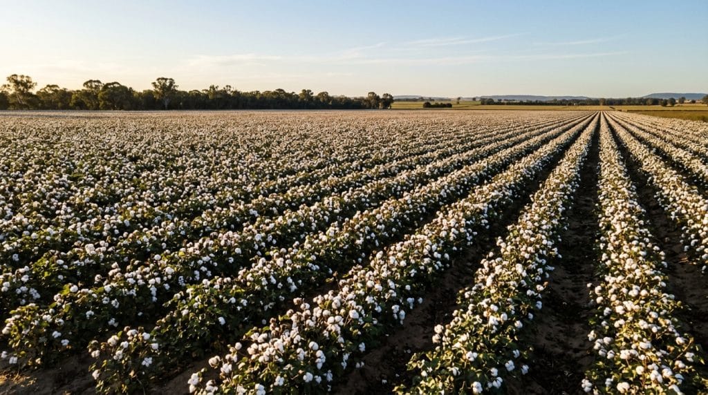 Australian cotton field at boll-opening stage, parallel rows of cotton plants in a Namoi Valley operation at golden hour.