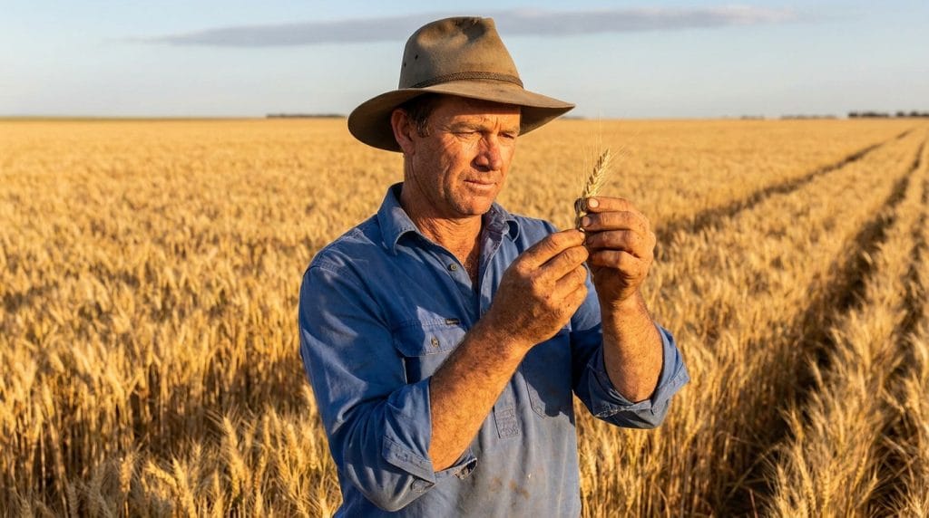Farm manager salary in 2026: an experienced operator inspecting an Australian broadacre cropping enterprise at golden hour.