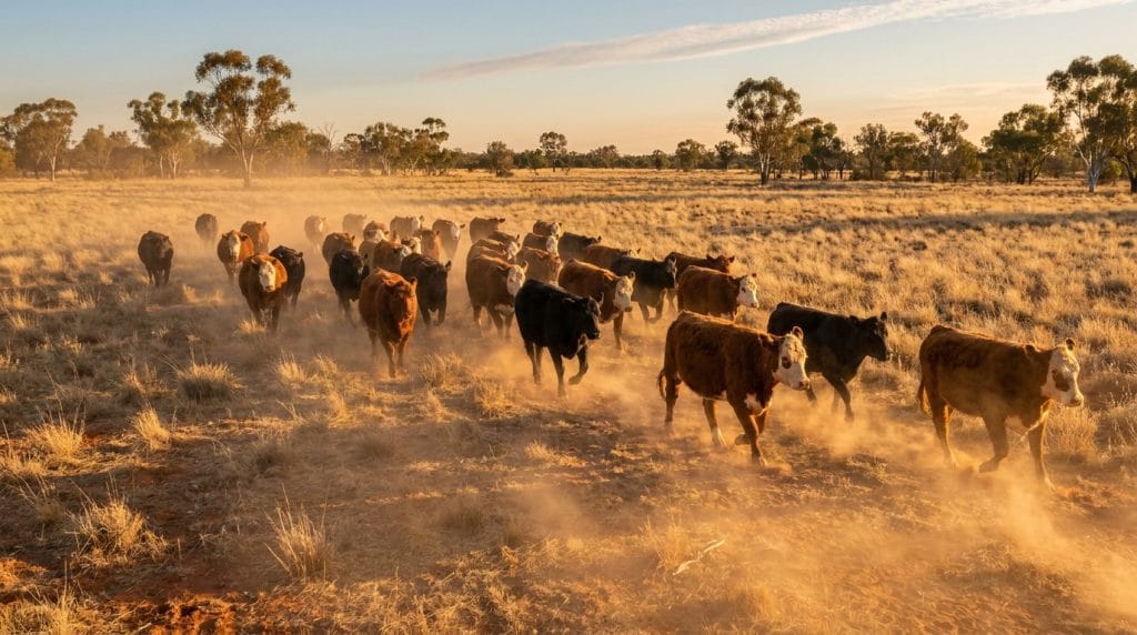 Australian cattle mustered through dust at golden hour: a Hereford and Angus cross mob on a pastoral country station.