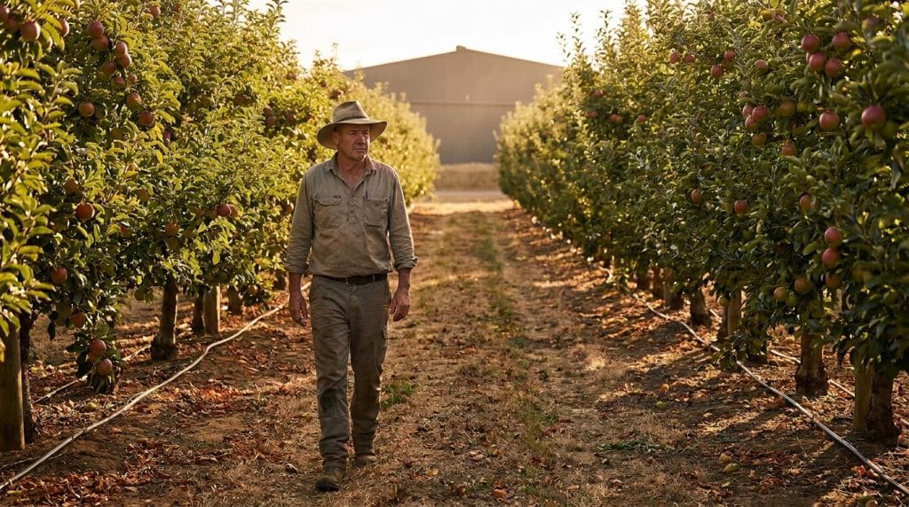 Orchard Manager walking rows in an Australian corporate horticulture orchard at golden hour, irrigation lines visible, 2026.