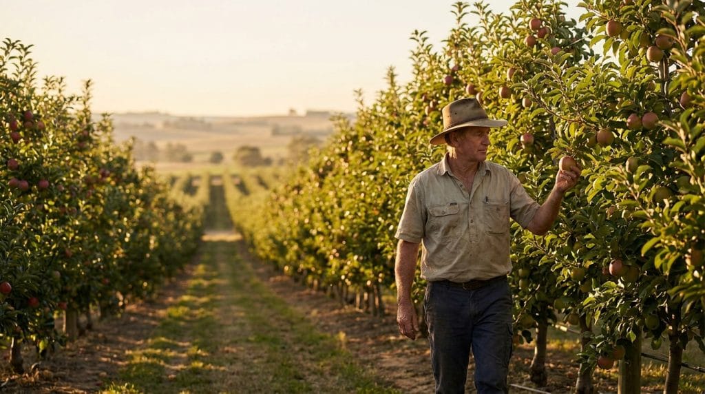 Orchard manager salary in 2026: an experienced manager inspecting apples in an Australian orchard at golden hour.