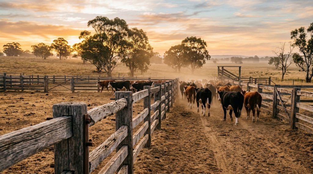 Talent retention in Australian agriculture, cattle yard at sunrise with weathered timber rails