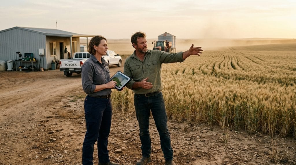 Australian agricultural workforce talent strategy 2026, mid-senior management hiring against a broadacre farming backdrop