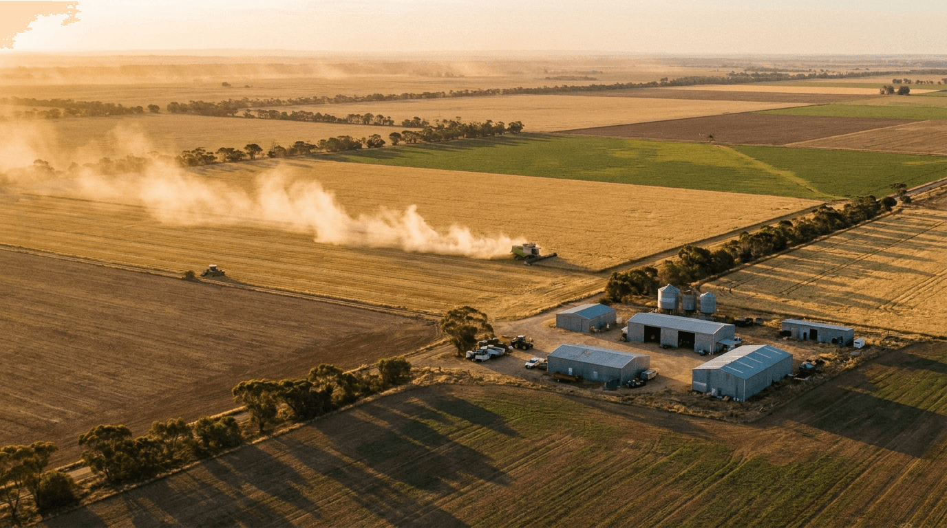 Aerial view of a large-scale Australian agricultural operation at golden hour, illustrating the scale at which workforce planning matters in 2026