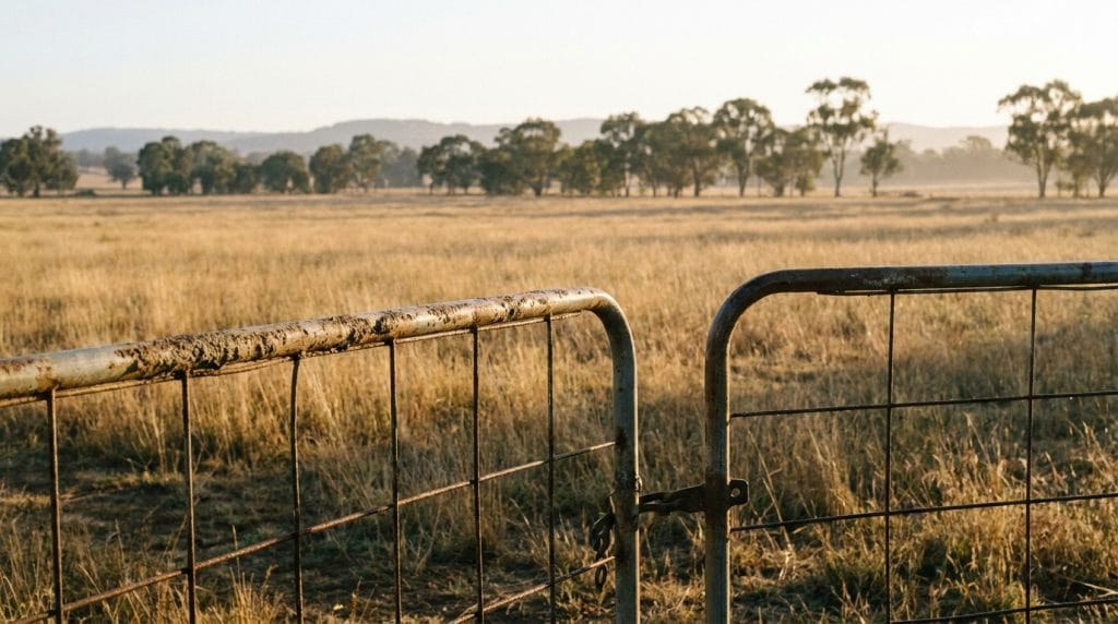 Farm gate at sunrise on an Australian broadacre property, the setting an assistant farm manager steps into