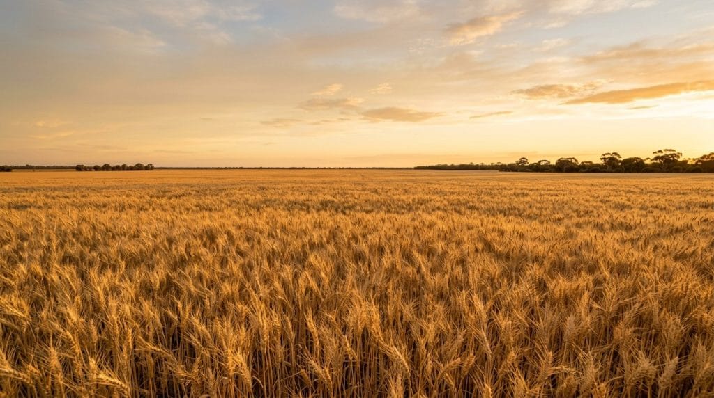 Assistant farm manager salary 2026: a ripe golden Australian broadacre wheat crop at golden hour