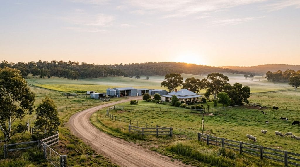 How to choose an agricultural recruiter: an Australian mixed-farming property and homestead at first light.
