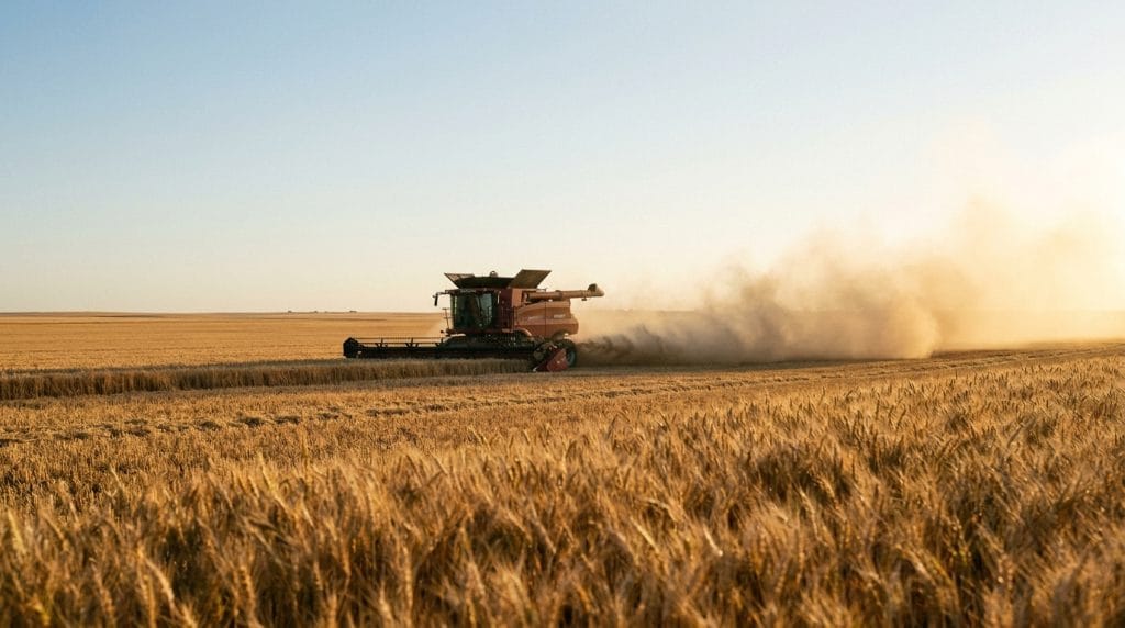 Cropping manager inspecting a broadacre grain crop at harvest on an Australian farm at golden hour