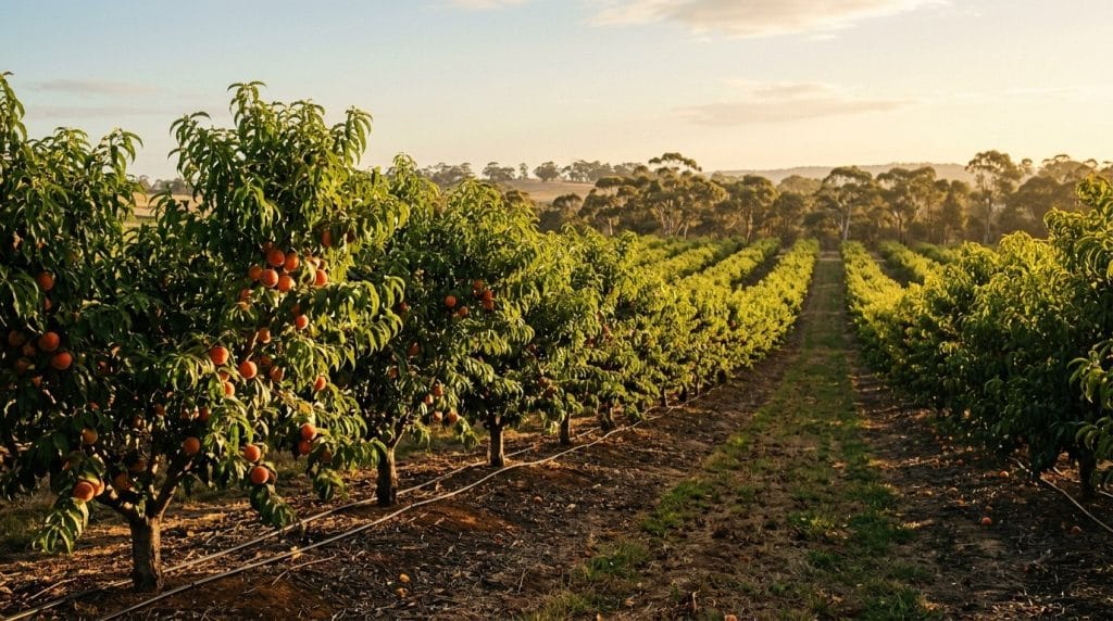 Irrigation manager salary 2026: a drip-irrigated Australian orchard at golden hour