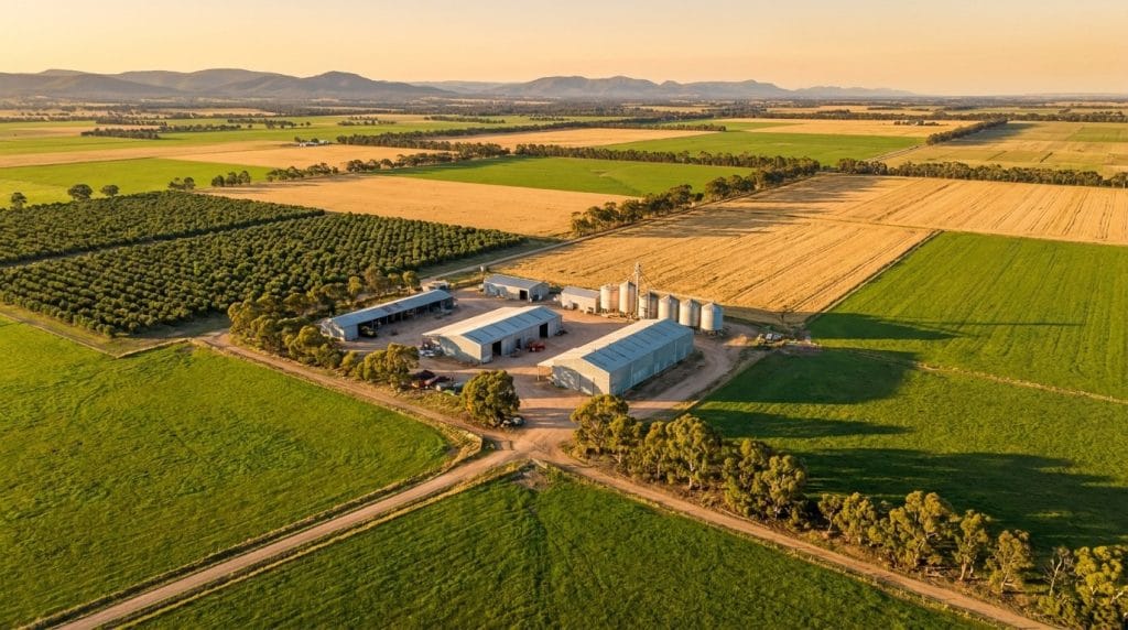 An Australian mixed farming operation at golden hour, the scale you hire a farm manager to run