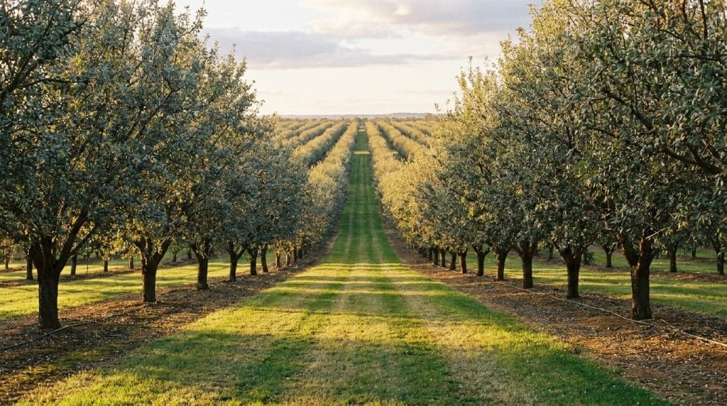 Australian almond orchard rows at golden hour, the kind of operation you hire an orchard manager to run