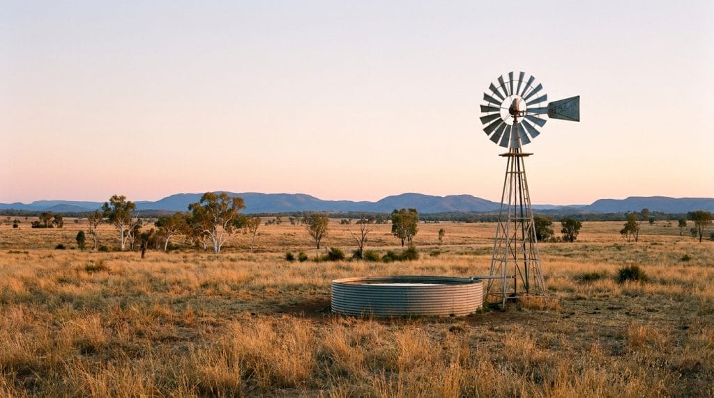 Bore windmill and water tank on remote Australian station country at dawn, the operation a station manager runs