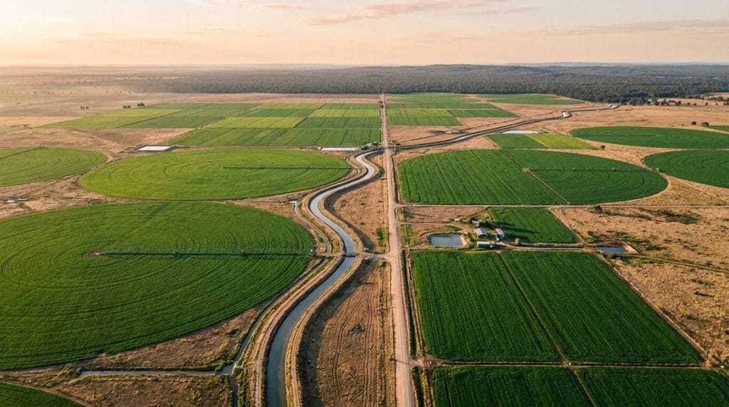 Agricultural recruitment strategies: a large Australian irrigated cropping operation at first light, no people.
