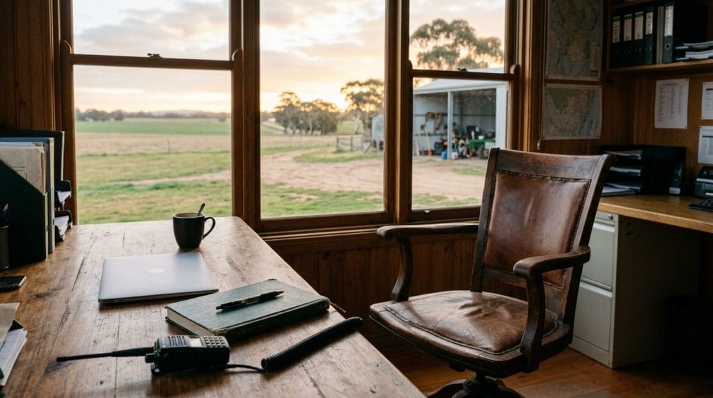 Cost of vacancy: an empty chair at a farm office desk overlooking paddocks at first light, no people.