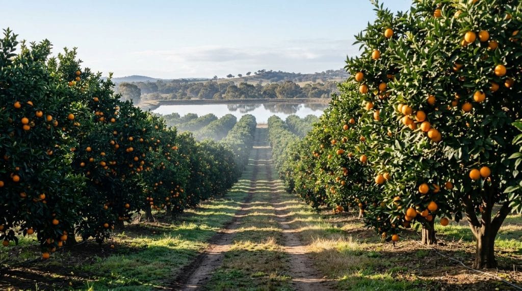 Australian horticulture winter citrus orchard rows with a farm water storage behind