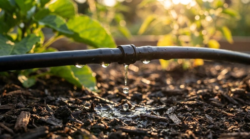 Drip line emitter watering an Australian planting at golden hour, the system you hire an irrigation manager to run