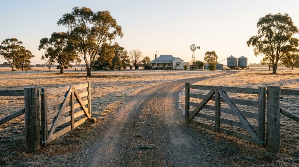 Succession planning in Australian agriculture, open farm gate at first light with the homestead beyond