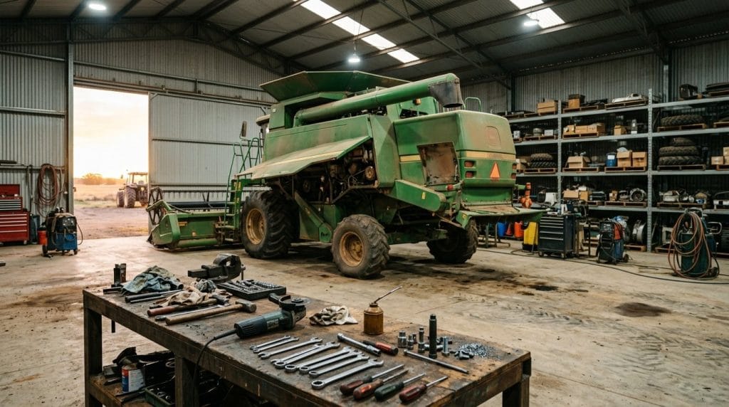 Grain harvester under service in an Australian farm machinery workshop